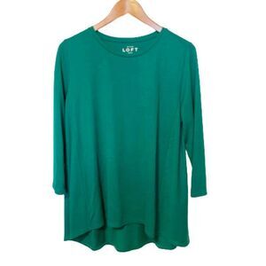 NEW Ann Taylor L Stretch Knit Top Hunter Green Boat Neck 3/4 Sleeves Hi Lo Hem